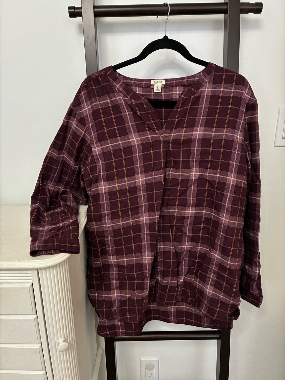 L.L. Bean Maroon/Burgandy ish Plaid Split-Neck Tunic blouse Size L 100% cotton